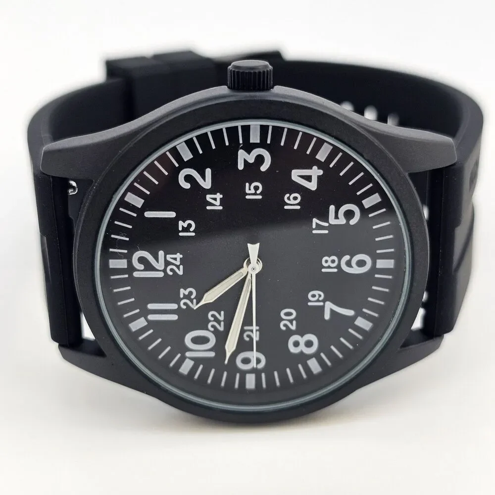 Men's Military Field Watch 42MM Black Case Black‎ Dial Black Plastic Band Straps